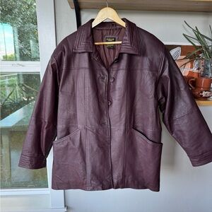 Vintage 70s 80s Salon Studio Burgundy Oxblood Leather Chore Coat Jacket Sz XL